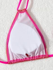 Conjunto de bikini con cuello de halter y correa metálica, nuevo lanzamiento 2025 para la playa - Estampado en caliente rosa - Ver 4