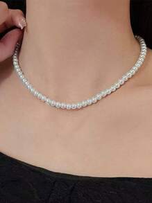 1pc Vintage French Style White & Pink Faux Pearl Necklace, Simple Choker