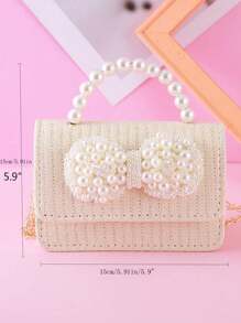 1 pieza Bolso de mano/bandolera de niña con gran lazo de perla, decoración, material de paja PU, cierre con solapa, cadena metálica y asa con cuentas, adecuado para uso diario y vacaciones, bolso de mano/monedero de princesa para snacks