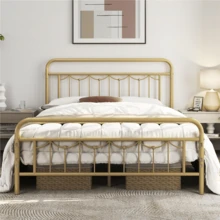 Metal Platform Full Bed With Vintage Headboard And Footboard, Antique Gold - Gold - View 3