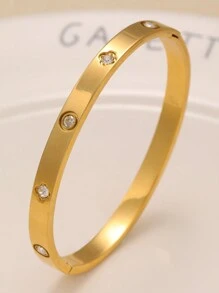 时尚奢华优雅四叶草锆石不锈钢手链和手镯套装，适合女士，适合多种场合搭配和赠送朋友 - 金黃色 - 查看 14