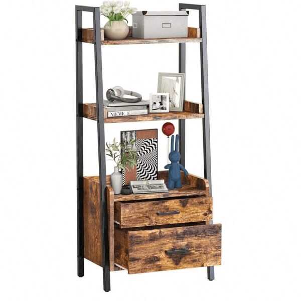Estantería de Escalera, Librero Organizador,Estantería de 3 Niveleson 2 cajones de Madera Rustico, paraSalón, Dormitorio, Cocina, Oficina en Casa,Estilo Industrial, Marco de Acero, Marron Rústico y Negro