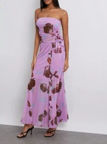 Womens Summer 2Pcs Outfits Floral Print Drawstring Tube Tops + Long Skirt Set Party Clothes - 紫色 - 查看 4