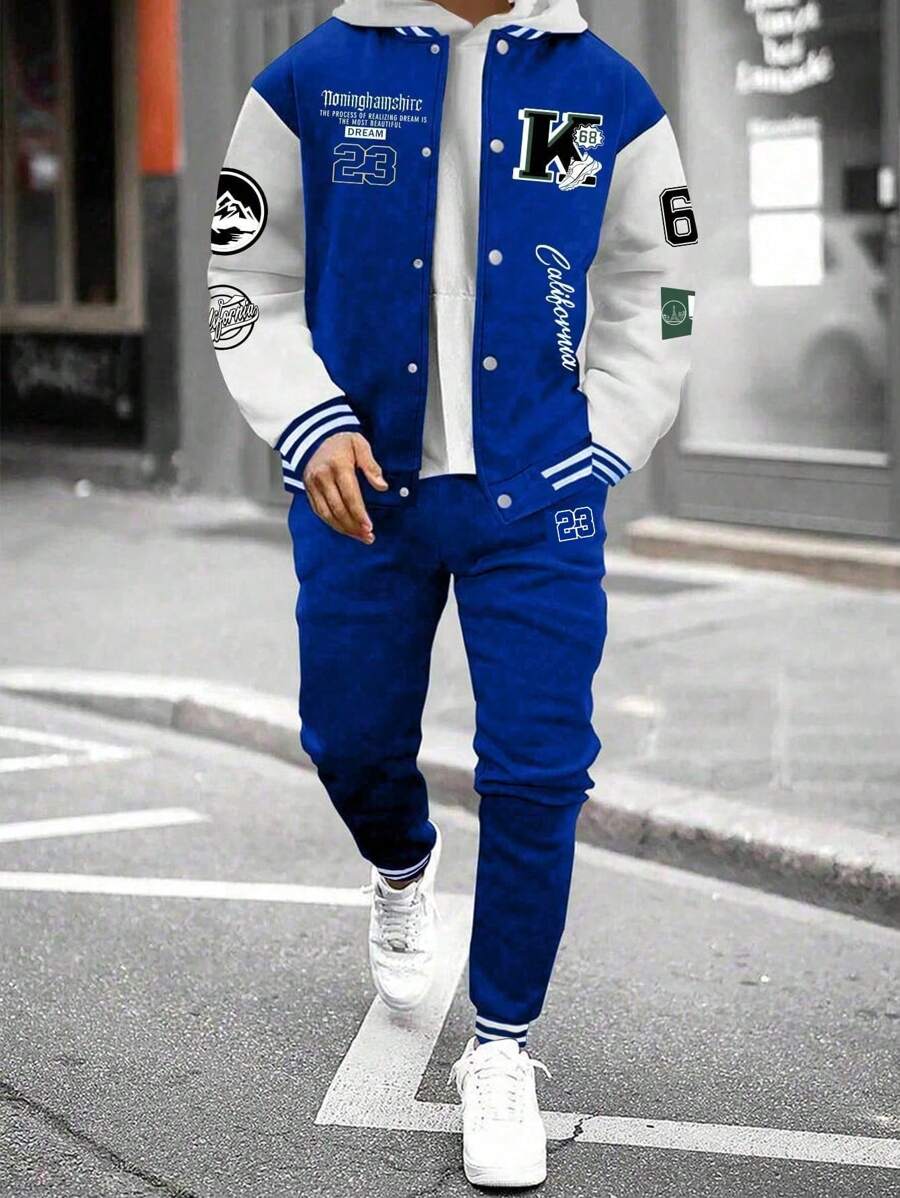 2pcs/Set Tween Boy Casual Patchwork Fleece Baseball Jacket And Drawstring Fleece Sweatpants Set, Autumn/Winter