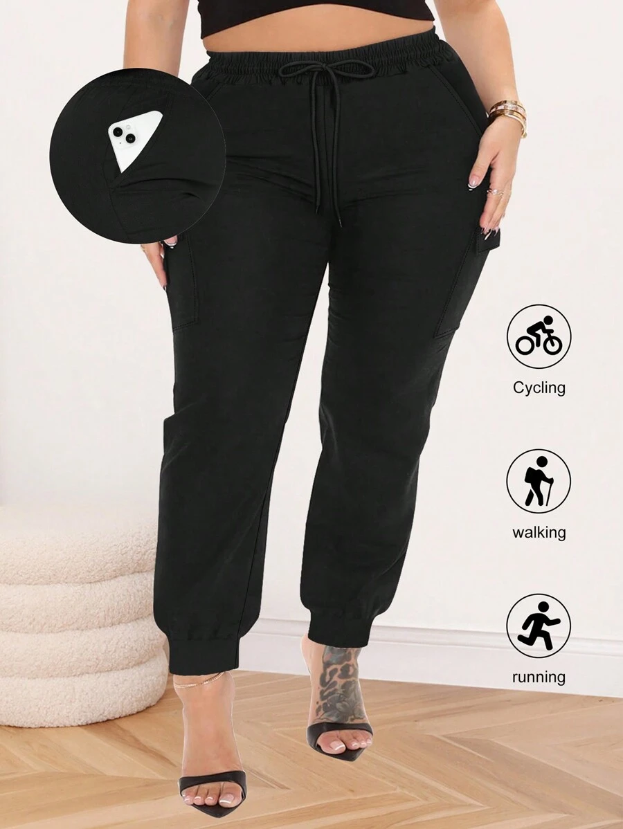 Damen Outdoor Cargohosen in Große Größen, elastischer Bund Lässig Reisehosen mit Kordelzug und Taschen - Schwarz - Übersicht 1