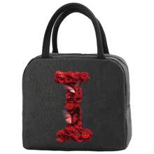 Insulation Lunch Bag Aluminum Foil Bento Pack For Work Large Capacity Cooler Bags Women Handbag Red Rose Initial Letter A-Z Print Lunch Box Portable Thermal Picnic Food Bag