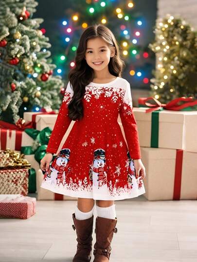 Fetă tânără Rochie casual cu mânecă lungă, cu imprimeu cu om de zăpadă, cu decolteu rotund, toamnă, pentru Crăciun