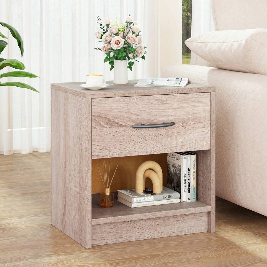Modern Nightstand Bedside Table With Drawer Open Storage Shelf For Small Spaces Light Gray/Oak&White/Natural&White/Natural/White/Dark Gray - 自然的 - 查看 1