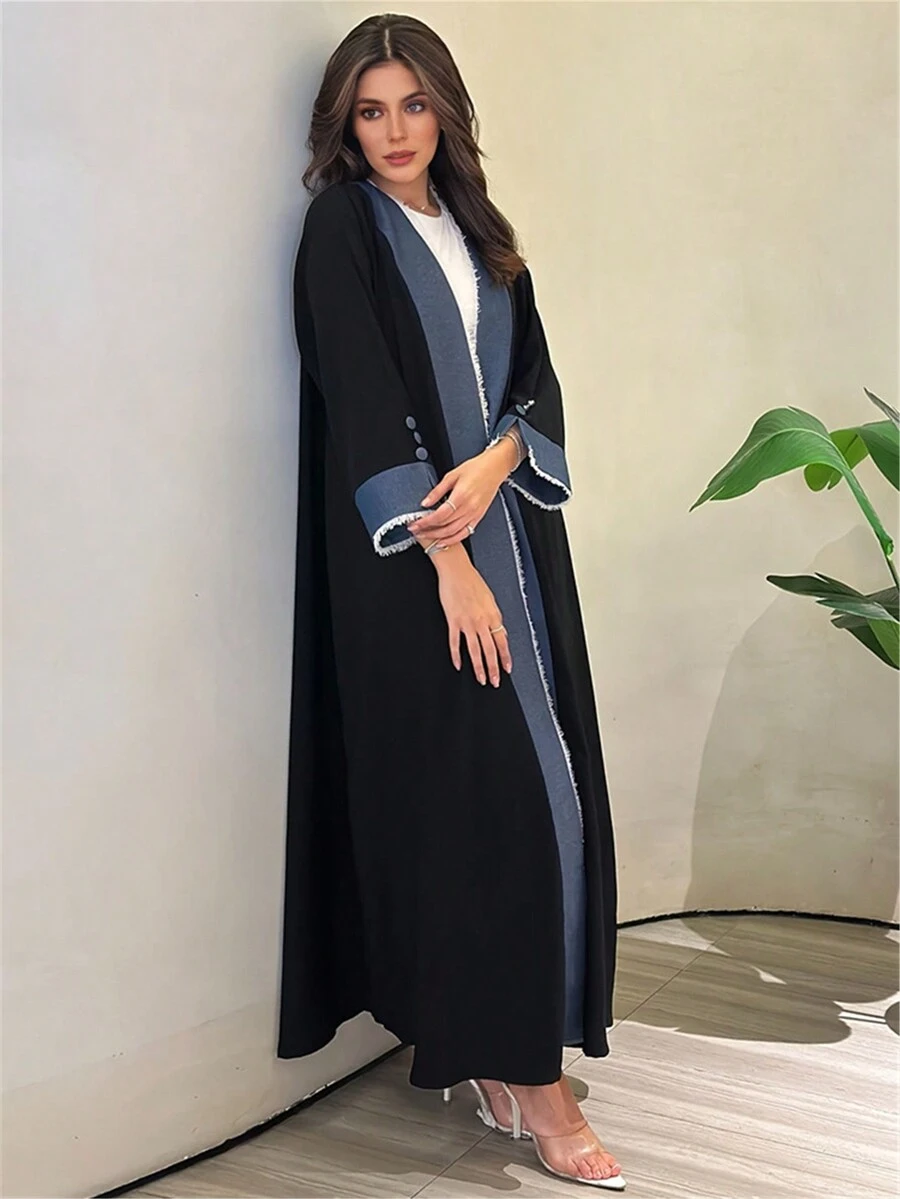 Middle Eastern Patchwork Long Abaya With Batwing Sleeves, Traditional Long Dress For Women - Black - View 1