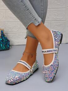 Women's Colorful Sequin Ballet Flats, New Autumn Casual Slip-On Soft Sole Flat Shoes, Random Pattern Design, Gray Color