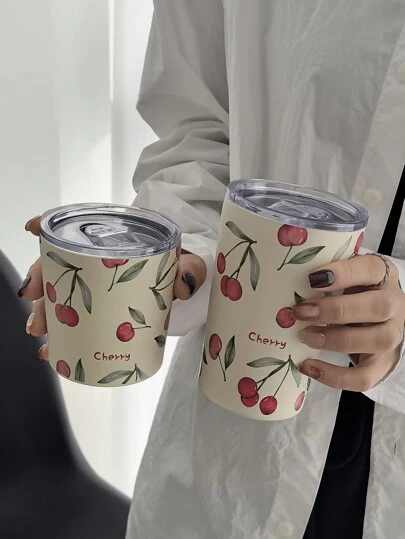1 件 280-350 毫升不锈钢双层真空隔热水彩樱桃印花杯、咖啡杯、水杯、茶杯、平底，适用于户外、家居、办公室、节日礼物、生日礼物、情人节、母亲节、返校