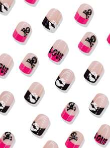 24pcs Mini Square Nail Stickers, Creative Valentine's Day Romantic Love Lip Design French Fake Nails, Removable Full Cover Nail Stickers, Valentine's Day Gift. Press-On Nail Stickers, Nail Art Supplies. - Multicolor - View 3