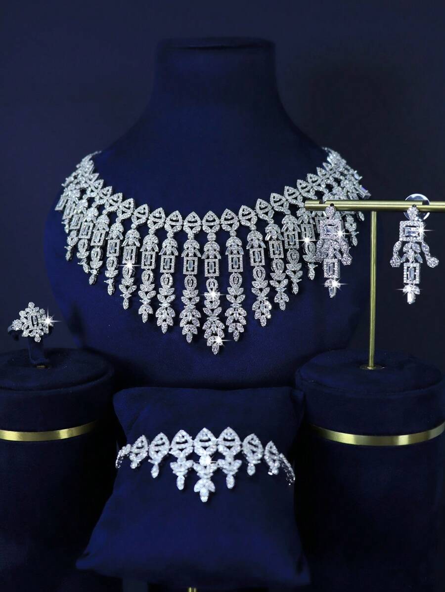 5 件奢华白金镀叶流苏新娘首饰套装，包括项链、手镯、耳环、戒指，镶嵌白色方晶锆石，适合尼日利亚和沙特阿拉伯新娘、婚礼、派对、周年纪念礼物（礼盒包装） - 幾何形 - 查看 1