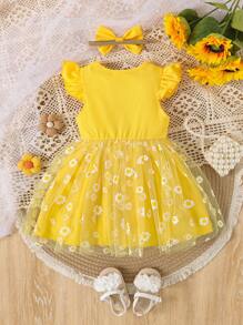 1pc Baby Girls' Ruffle Collar Ribbed Contrast Daisy Mesh Princess Dress + Hair Accessory - Yellow - View 2