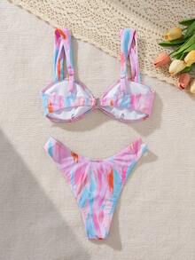 Women's Tie-Dye Asymmetrical Neon Beach Print All-Match Versatile Casual Swimwear, Slim Fit Two-Piece Bikini Set For Beach Resort - Multicolor - View 3