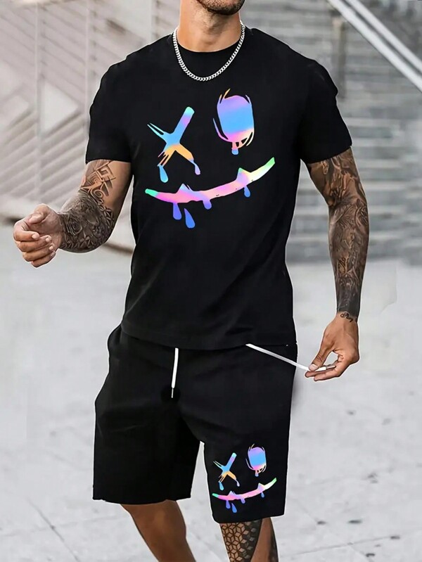 Conjunto deportivo casual de hombre LHeurystic - Camiseta y pantalones cortos de mezcla de poliéster cómoda con estampado de sonrisa, lavable a máquina