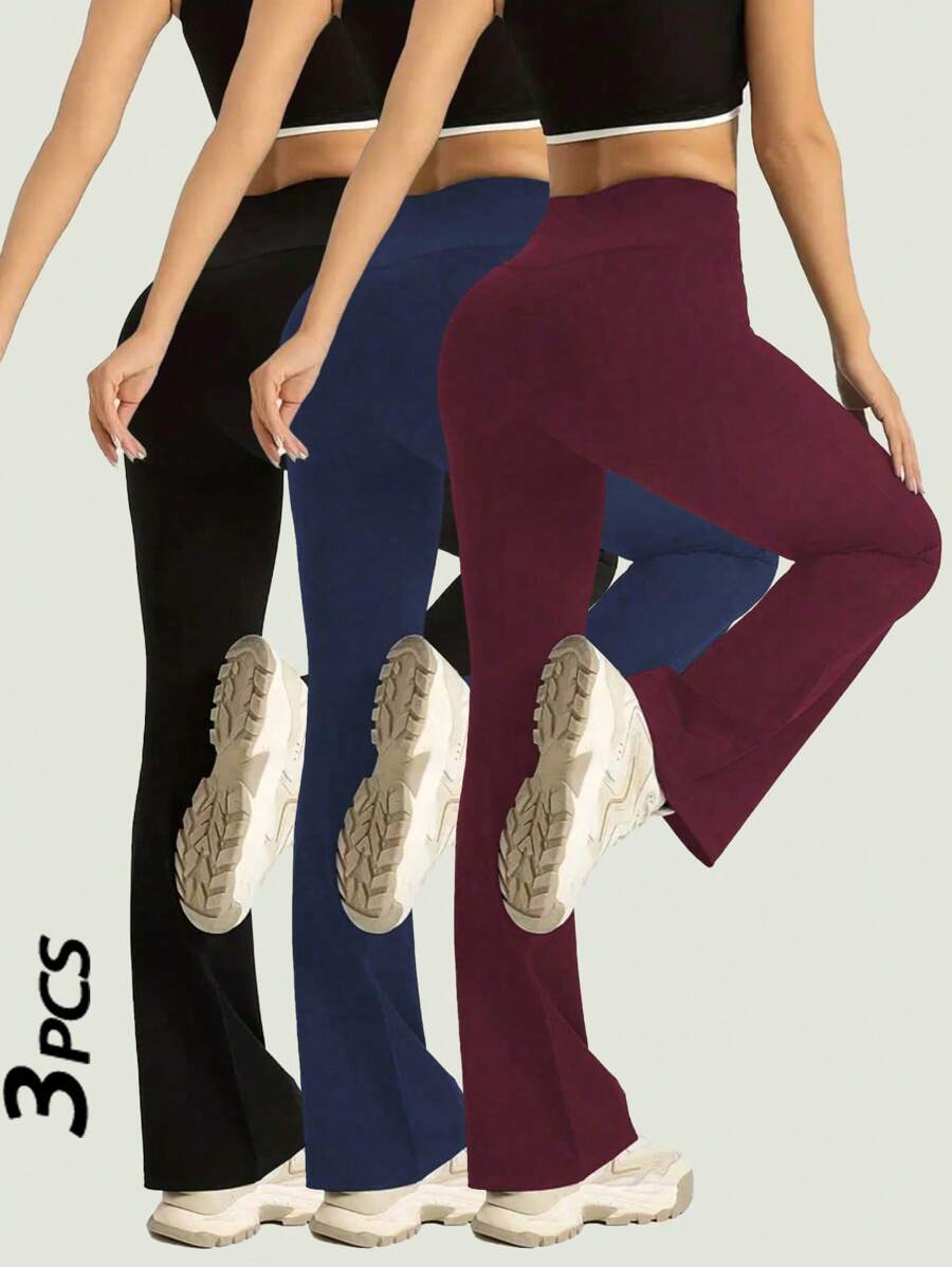 3 件纯色高腰休闲运动喇叭裤，适合跑步瑜伽运动紧身裤，女士服装