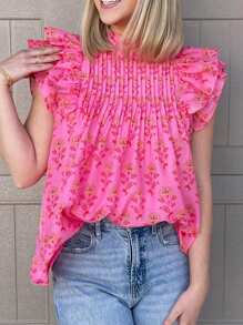 女士玫瑰红花卉印花短袖荷叶边高领度假衬衫