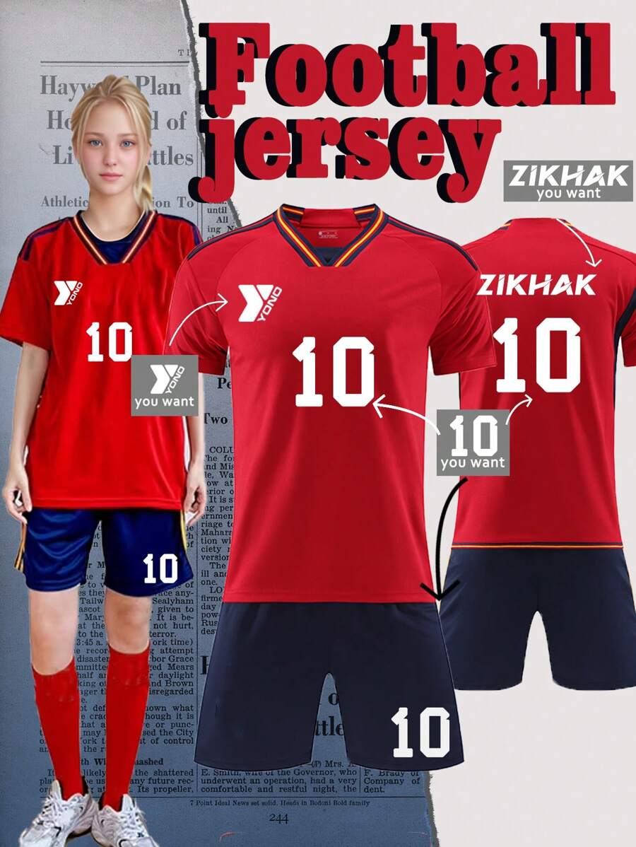 Customize Logos, Numbers, And Names For Youth Sportswear, Personalize DIY Customization, And Customize Your Unique Spanish Style Youth Men's And Women's Soccer Kit (13-16 Years Old) - Personalized Jersey And Shorts Set - Red - View 1