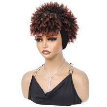 Peluca con diadema de cabello afro degrafilado negro, peluca afro corta sintética para mujer con rizos kinky y flequillo, peluca afro rizada con efecto turbante y flequillo.