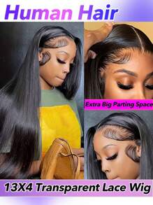 13x4 蕾丝前假发 人发预拔 150% 密度巴西直发 女士假发 无胶蕾丝前假发 人发自然色 - Natural Black - 查看 1