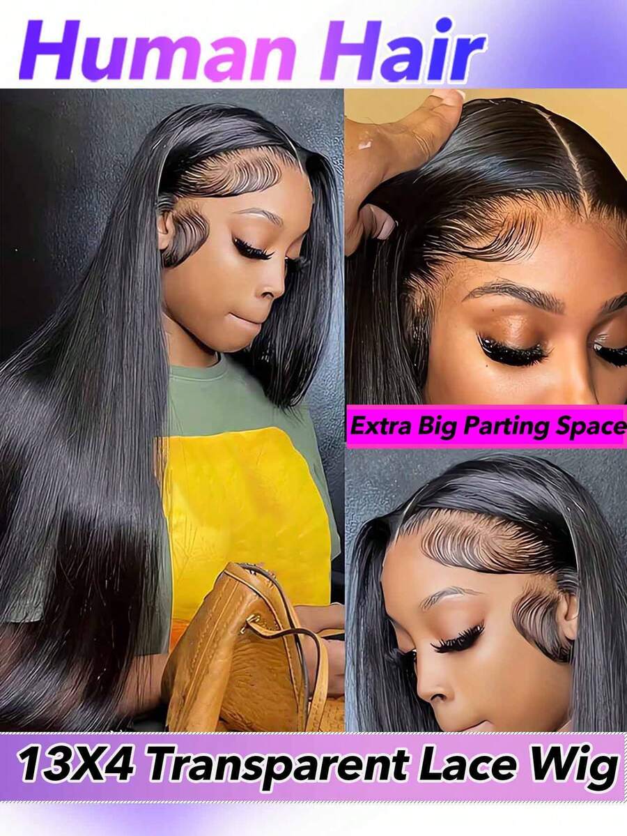 13x4 蕾丝前假发 人发预拔 150% 密度巴西直发 女士假发 无胶蕾丝前假发 人发自然色 - Natural Black - 查看 1