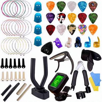 Kit De Accesorios Para Guitarra Acustica Cuerdas 66 Piezas, Kit de guitarra acústica, 66 piezas de accesorios de guitarra que incluyen cuerdas de guitarra acústica, afinadores, púas de guitarra, clips de guitarra, herramientas de sujeción 3 en 1 y más