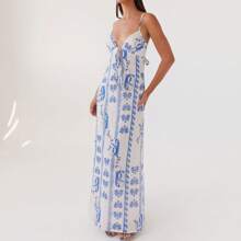 Women's Summer Long Dress Sleeveless Spaghetti Strap Tie-Up Front Loose Dress Back Cutout Dress - 藍色 - 查看 5