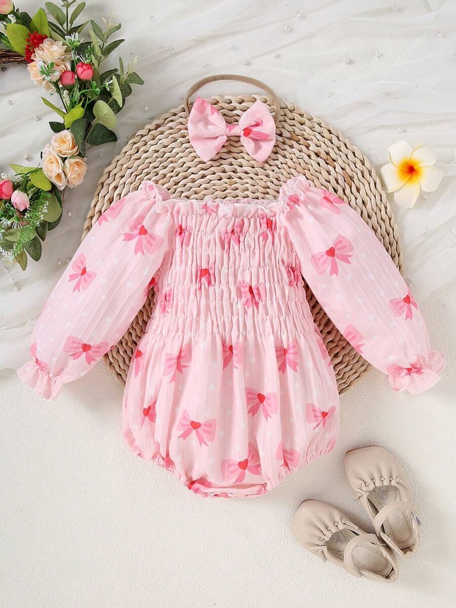 Conjunto de body con mangas con volantes y estampado de lazos + diadema para bebé niña, adorable, para primavera/otoño - Rosa - Ver 1