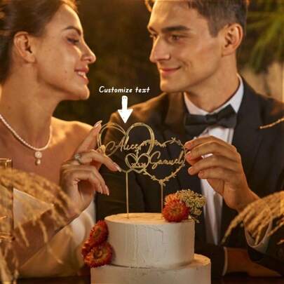 1 pièce Décoration personnalisée pour gâteau de mariage avec nom et date, signe de gâteau d'anniversaire en forme de cœur, décoration florale décorative, support de gâteau personnalisé pour couples en écriture pour mariages et fêtes, accessoire de cuisson unique, multifonctionnel, séchage rapide, imperméable, anti-moisissure, réutilisable, ornemental, mignon, élégant, exquis, adorable, soigné, de haute qualité, moderne, personnalisé, cadeau idéal pour lui, cuisine, salle à manger, salle de bain, salon, chambre, école, bureau, salon de thé, maison, jardin, romance délicate