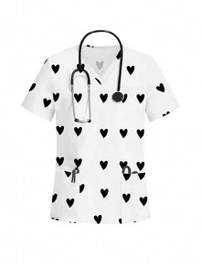 cimmuovere Valentine's Day Heart Print V-Neck Dual Pocket Short Sleeve Breathable Top + Dual Pocket Elastic Waist Loose Solid Color Casual Pants, Scrub Uniforms Nurse Scrub Uniforms Workwear Dentist Healthcare Pet Hospital Laboratory Set - Black and White - View 4