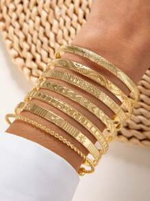 imoli Set de 6 pulseras de brazalete de aleación con diseño geométrico minimalista y exagerado, pulseras de cadena hueca con cuentas de CCB para mujeres, regalo para fiesta (brazalete ajustable)