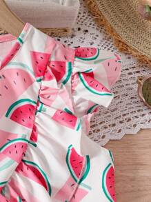 Young Girl Watermelon Print Ruffle Hem Cap Sleeve Top And Denim Shorts Set - White - View 5