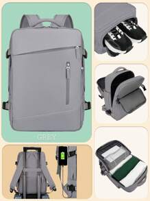 1 Pc Fashionable Multifunction Travel Backpack With Luggage Strap Design. Portable Minimalist Work Bag With Multi Compartments.Personality School Bag With USB Charging Port.Business Casual Weekender Bag With Shoes Compartment.Practical Student Laptop Bag With Laptop Compartment.Solid Color Sports Backpack With Handle - Grey - View 2