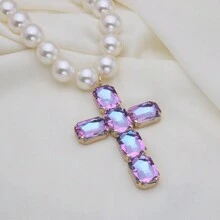 Retro Oversized Pearl Necklace With Big Glass Cross Pendant, Fashion Jewelry For Women, Christmas Gift