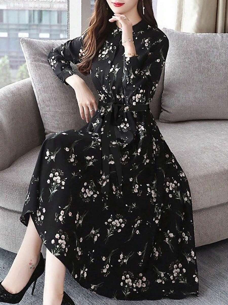 Women's Floral Long Sleeved Dress, Waist Cinched Lace Up Mid Length Dress, Vintage Elegant Dress, Women's Dress - Black - View 1