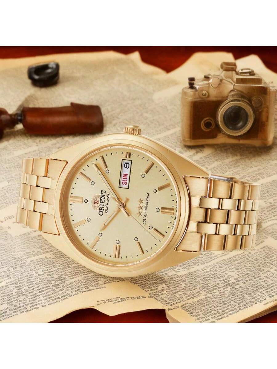 Men's 3 Star Golden Automatic Mechanical Watch, Vintage Business Small Golden Wrist Watch With Date Display, RA-AB0E04