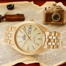 Orient Relógio mecânico automático dourado masculino 3 estrelas, relógio de pulso dourado pequeno vintage para negócios com visor de data, RA-AB0E04