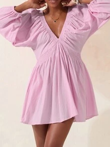 Women's Summer Short Party Dresses 3/4 Sleeve Deep V Neck Solid Color Smocked Dress With Pockets - Pink - View 8