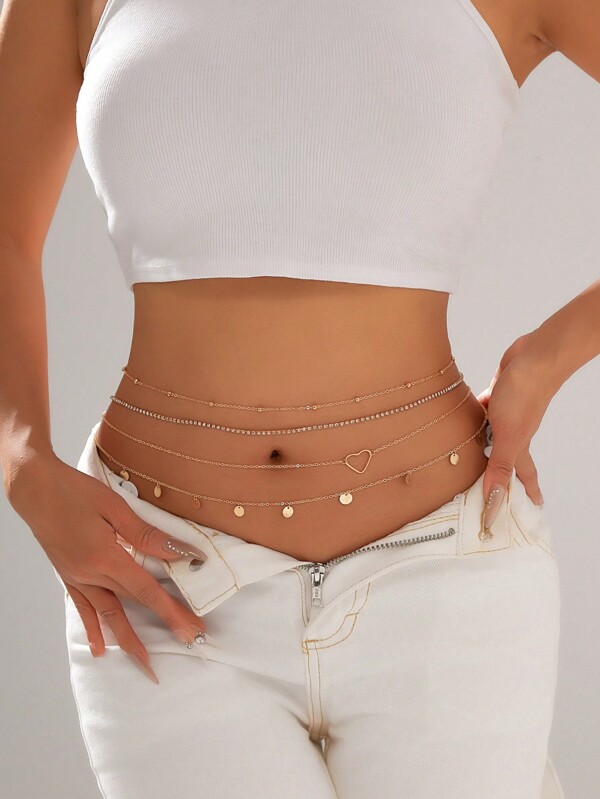 4pcs/Set Vintage Fashion Metal Round Sequin Tassel & Hollow Heart Design Layered Waist Chain & Belly Chain, Sparkling Rhinestoned Body Chain Jewelry, Suitable For Women Daily Wear And Beach Vacation