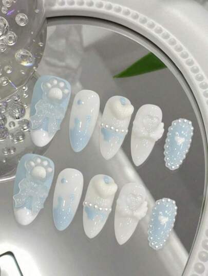 10pcs/Set Almond Shaped Handmade Exquisite Wearable Nails, Blue Hand-Painted Cream French 3D Cat Claw, Bow, Butterfly Wing, Heart, Pearl Decor Sweet & Charming Nail Tips For Party, Prom, Daily Wear, Including 1 Bottle Jelly Gel & 1 Buffer Block Valentine's Day