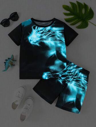 2pcs Boys Summer Dragon Print Glow In The Dark Short Sleeve T-Shirt And Shorts Set, Casual Holiday Outfits For Toddlers & Big Kids