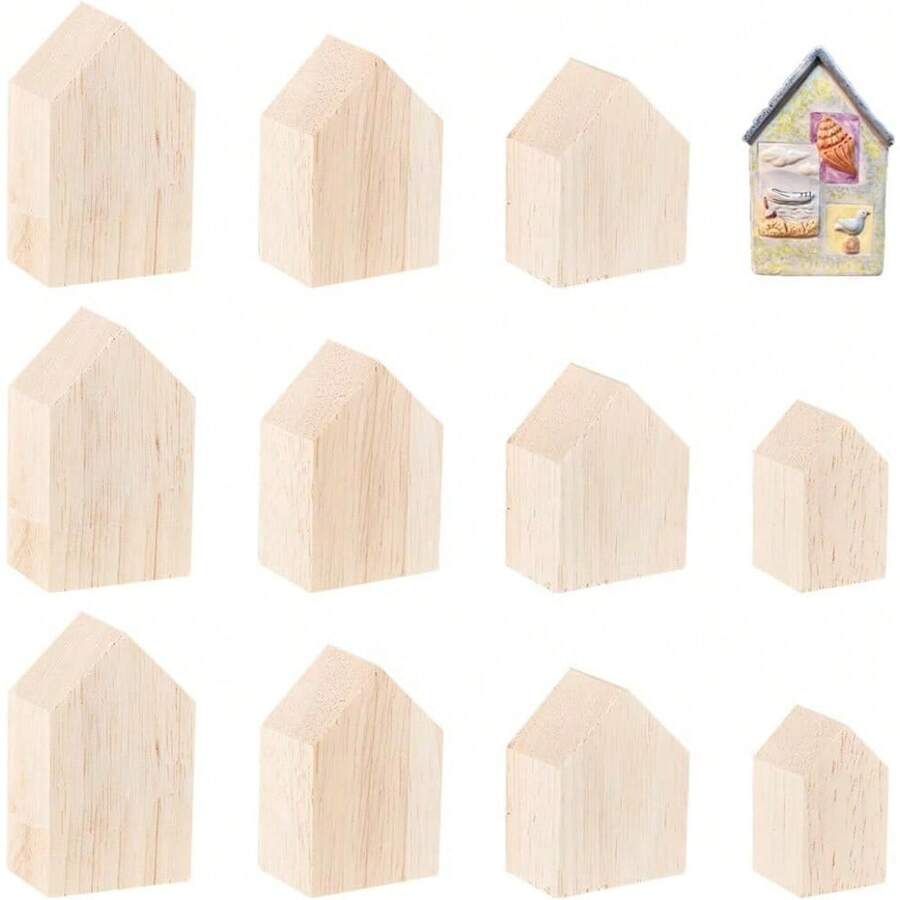 12Pcs 4Sizes Unfinished Wooden House Shaped Blocks Arrow Shape Wooden Tray Plates Blank Wooden Cutouts Farmhouse Wooden Craft For Home Kitchen Office Shelf Coffee Bar Decor - 卡其色 - 查看 1