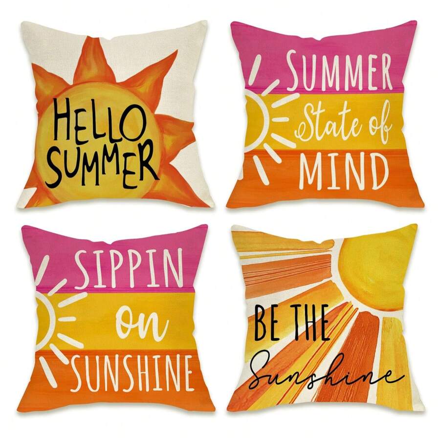 4 PIEZAS Funda de almohada con adorno de sol de verano Fahrendom, Sé el sol a rayas para porche y exterior, Funda de cojín con tema de verano tomando el sol, Decoración del hogar de un solo lado sin almohadas - rojo amarillo naranja - Ver 1