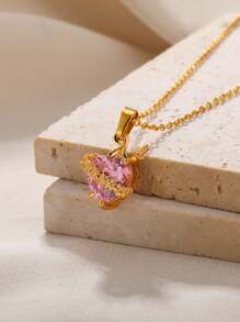 1 件时尚人造红水晶心形项链女士金色不锈钢玫瑰箭头吊坠项链情人节礼物 - 金黃色 - 查看 9