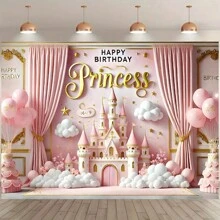 1 件暖粉色公主城堡生日派对背景横幅，粉色城堡 - 蛋糕 - 气球设计，涤纶生日派对照片背景，蛋糕桌照片装饰，适用于生日、派对、庆典、室内外花园派对装饰，多种尺寸选择，无需电源