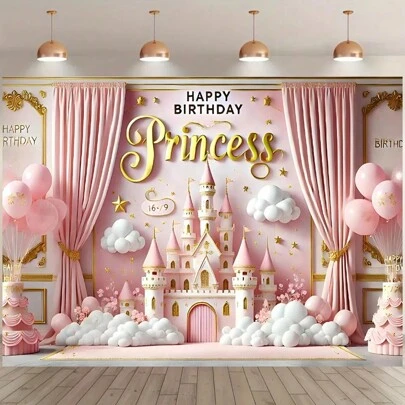 1 件暖粉色公主城堡生日派对背景横幅，粉色城堡 - 蛋糕 - 气球设计，涤纶生日派对照片背景，蛋糕桌照片装饰，适用于生日、派对、庆典、室内外花园派对装饰，多种尺寸选择，无需电源