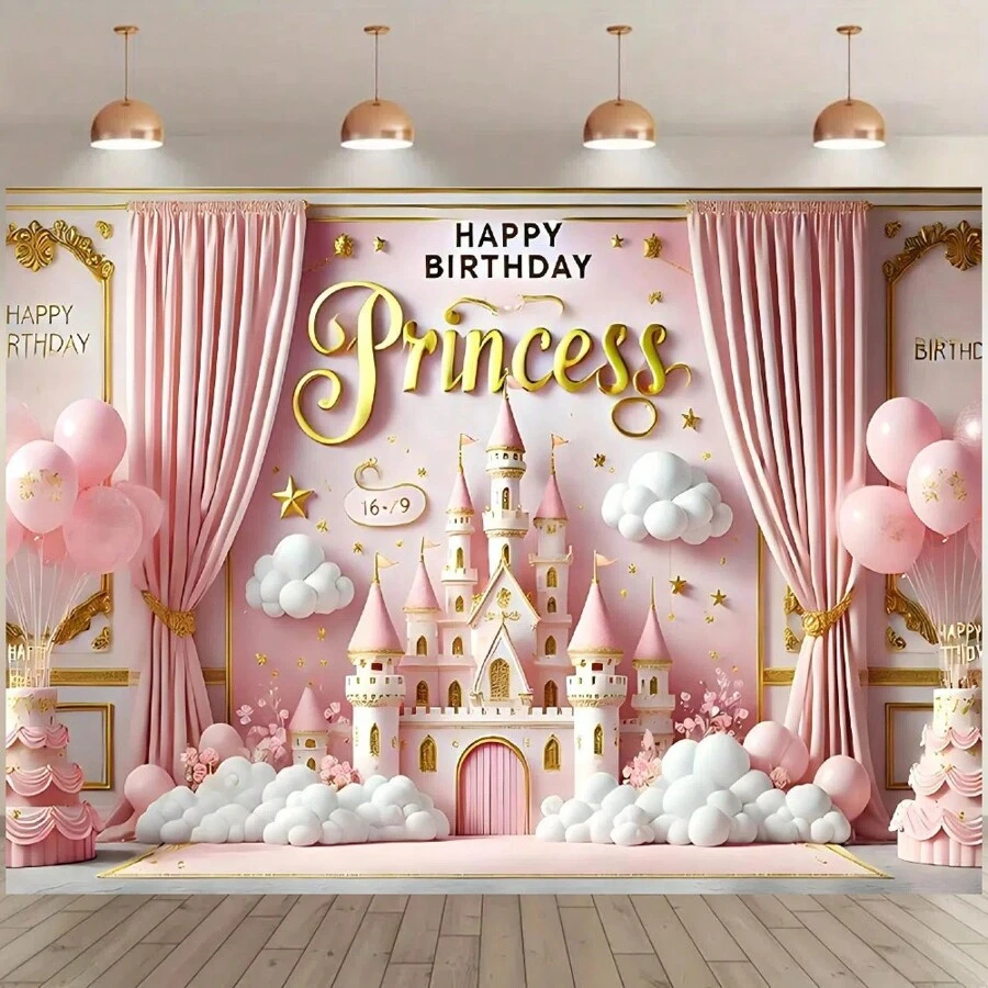 1 件暖粉色公主城堡生日派对背景横幅，粉色城堡 - 蛋糕 - 气球设计，涤纶生日派对照片背景，蛋糕桌照片装饰，适用于生日、派对、庆典、室内外花园派对装饰，多种尺寸选择，无需电源