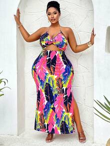 Plus Size Summer Metal Chain Twisted Waist-Revealing High-Slit Printed Dress Boho Bohemian Vacation - Color - View 1