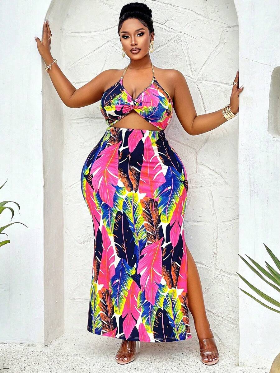 Plus Size Summer Metal Chain Twisted Waist-Revealing High-Slit Printed Dress Boho Bohemian Vacation - Color - View 1